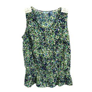Izod Womens Shirt Size M Medium Blue Floral Sleeveless Blouse Buttons Crochet